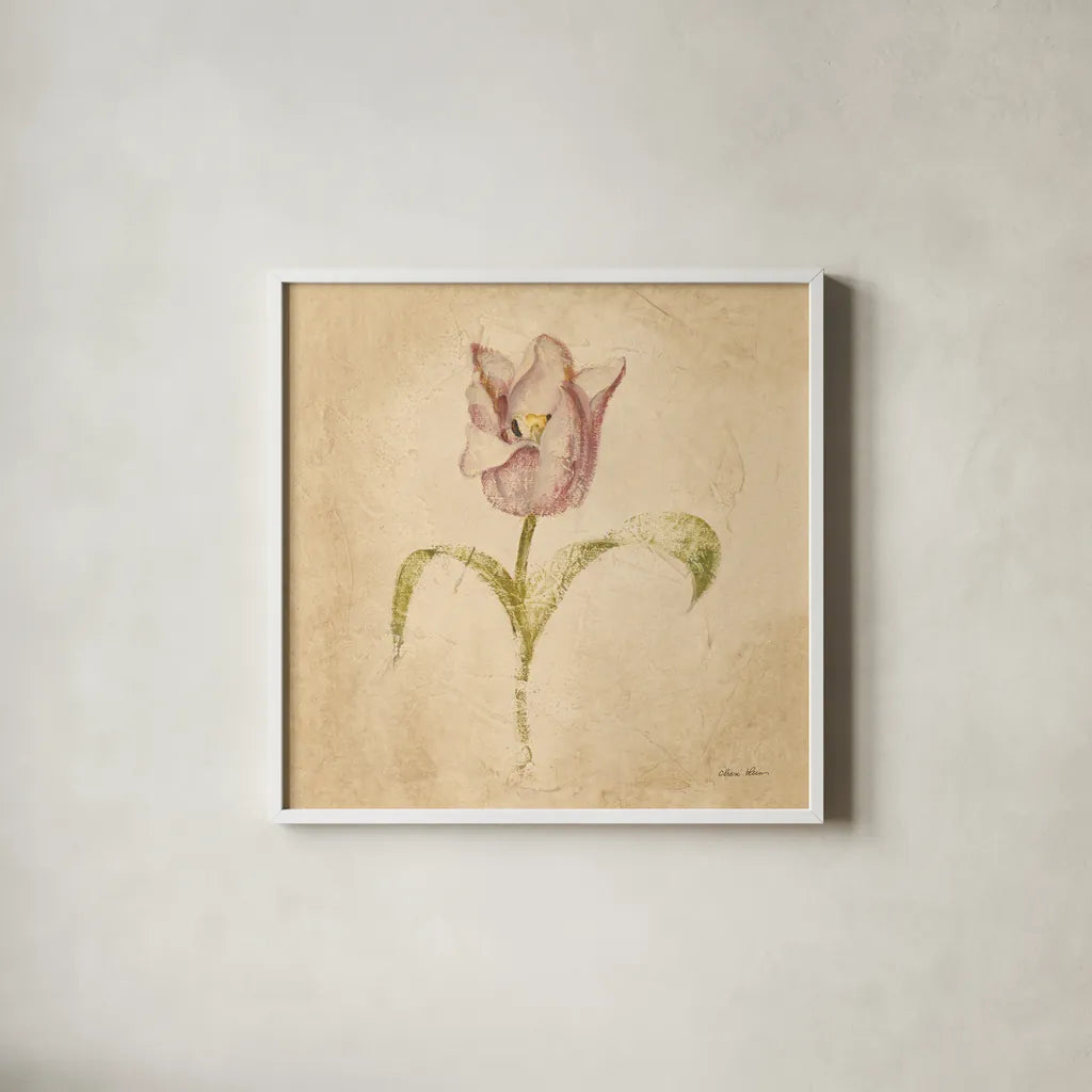 Blue Parrot Tulip by Cheri Blum. Shown in a crisp white glass frame for a clean and minimalist style. Available as an archival giclee rolled canvas, fine art paper, or poster print. SKU 7351a.