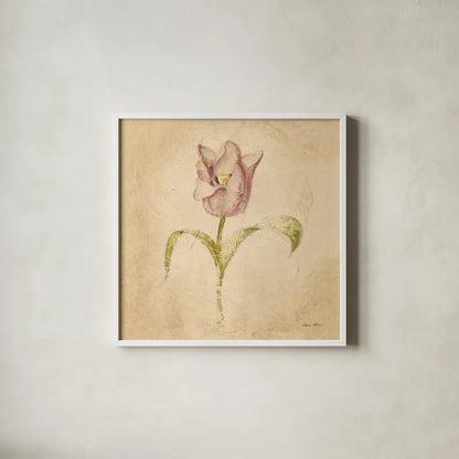 Blue Parrot Tulip by Cheri Blum. Shown in a crisp white glass frame for a clean and minimalist style. Available as an archival giclee rolled canvas, fine art paper, or poster print. SKU 7351a.
