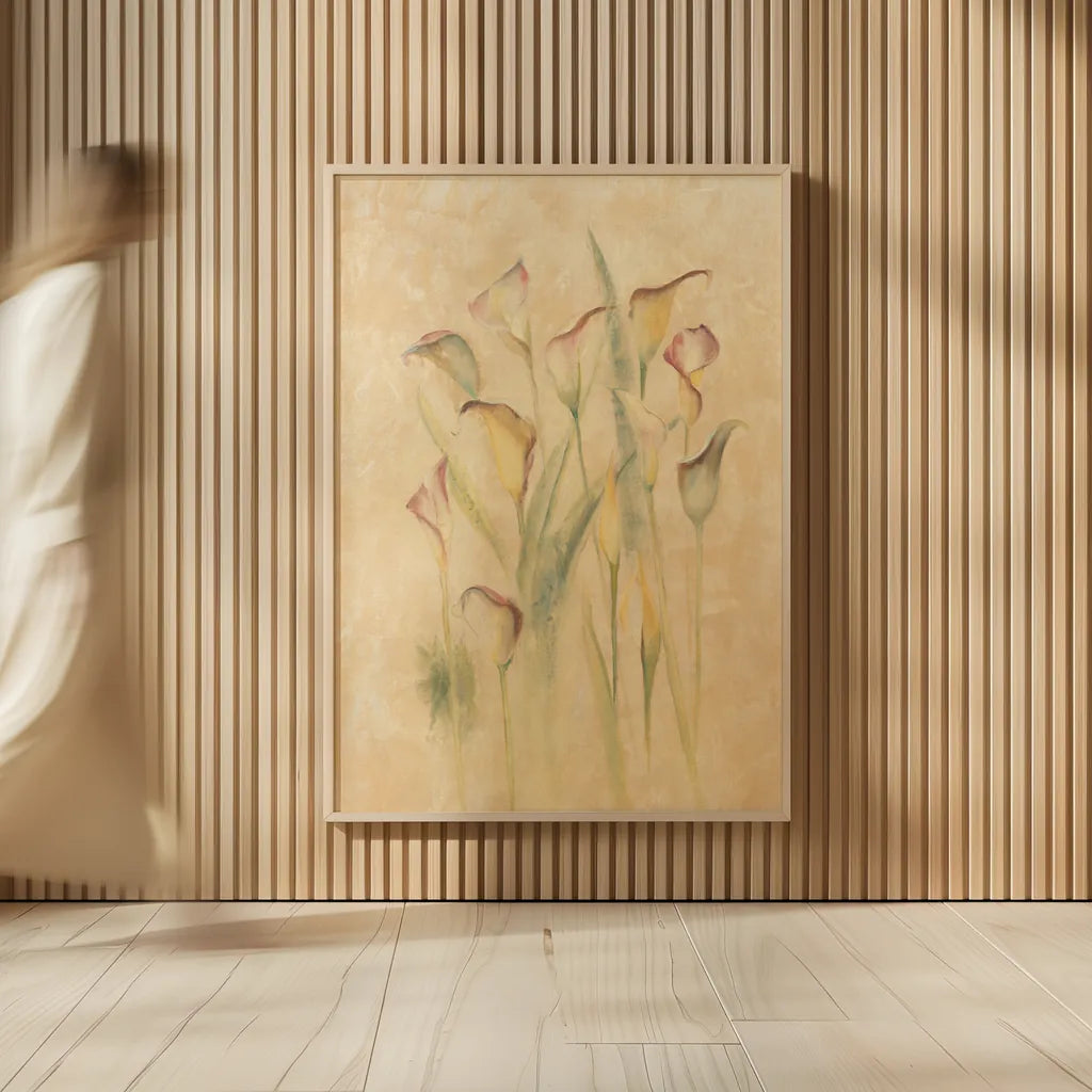 Blushing Calla Lilies by Cheri Blum. shown as over sized large wall art. Available as an archival giclee rolled canvas, fine art paper, or poster print. SKU 7043h.