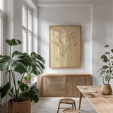 Blushing Calla Lilies by Cheri Blum. shown as a print in a natural wood frame in a dining room. Available as a archival giclee rolled canvas, fine art paper, or poster print. SKU 7043h.