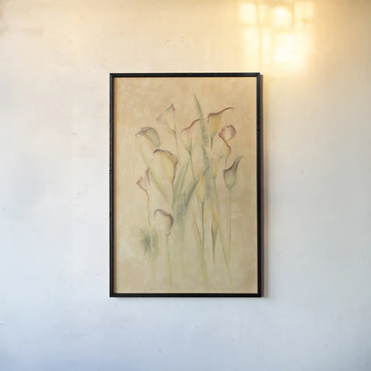 Blushing Calla Lilies by Cheri Blum. shown as a paper print in a black flame. Available as a archival giclee rolled canvas, fine art paper, or poster print. SKU 7043h.