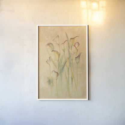 Blushing Calla Lilies by Cheri Blum. shown as a paper print in a white frame. Available as a archival giclee rolled canvas, fine art paper, or poster print. SKU 7043h.