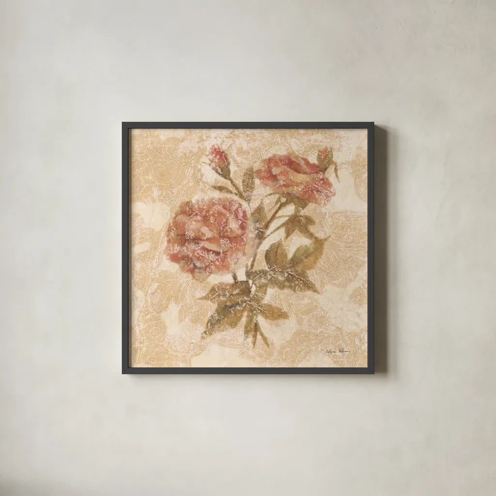 Bohemian Roses I by Cheri Blum. Shown in a sleek black glass frame for a contemporary gallery look. Available as an archival giclee rolled canvas, fine art paper, or poster print. SKU 7496a.