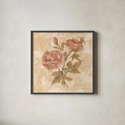 Bohemian Roses I by Cheri Blum. Shown in a sleek black glass frame for a contemporary gallery look. Available as an archival giclee rolled canvas, fine art paper, or poster print. SKU 7496a.