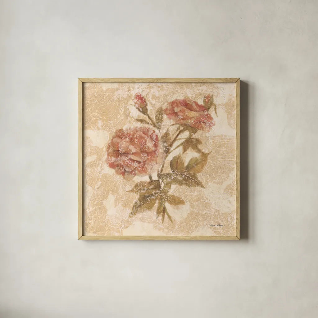 Bohemian Roses I by Cheri Blum. Shown in a natural wood glass frame for a timeless modern aesthetic. Available as an archival giclee rolled canvas, fine art paper, or poster print. SKU 7496a.