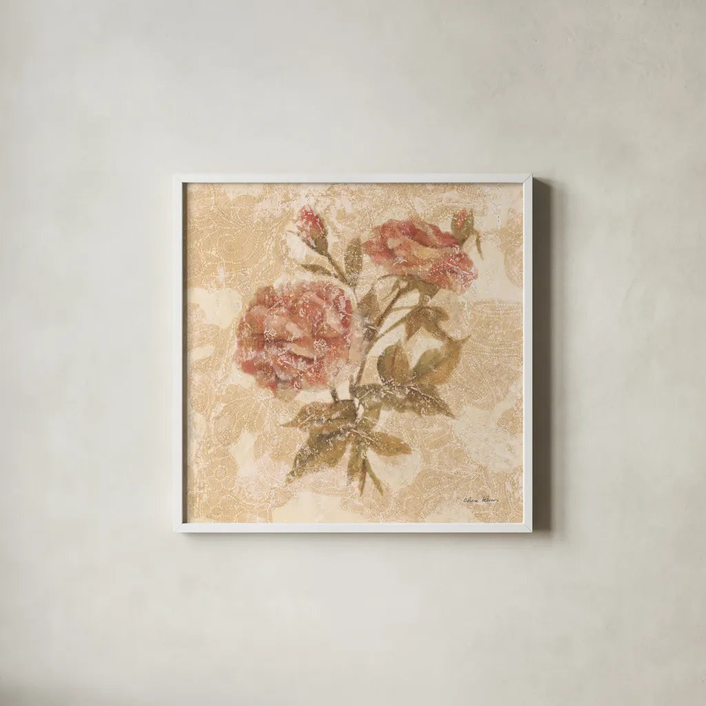 Bohemian Roses I by Cheri Blum. Shown in a crisp white glass frame for a clean and minimalist style. Available as an archival giclee rolled canvas, fine art paper, or poster print. SKU 7496a.
