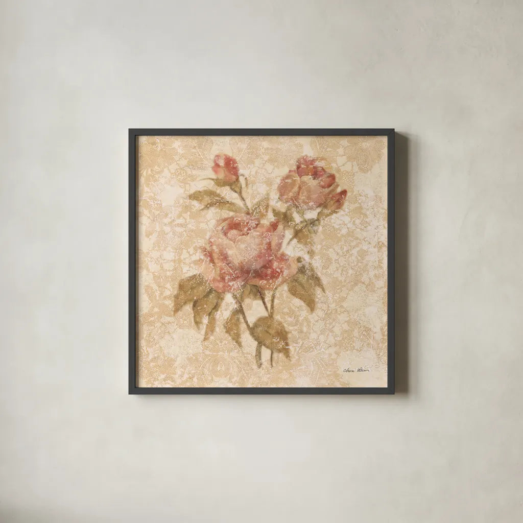 Bohemian Roses II by Cheri Blum. Shown in a sleek black glass frame for a contemporary gallery look. Available as an archival giclee rolled canvas, fine art paper, or poster print. SKU 7497a.