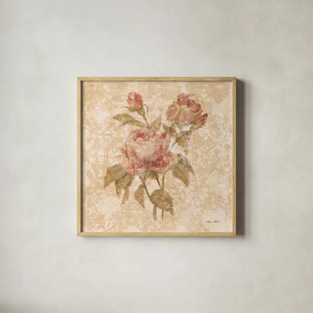 Bohemian Roses II by Cheri Blum. Shown in a natural wood glass frame for a timeless modern aesthetic. Available as an archival giclee rolled canvas, fine art paper, or poster print. SKU 7497a.