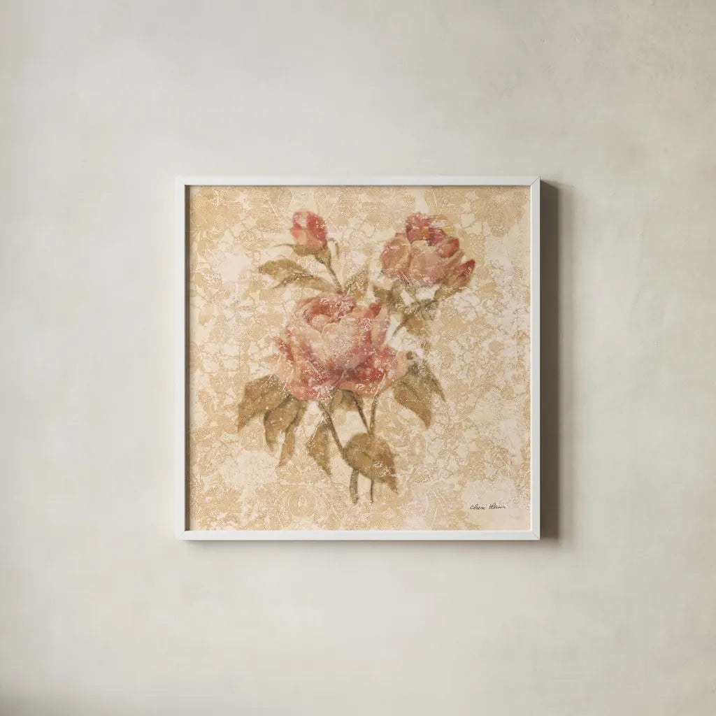Bohemian Roses II by Cheri Blum. Shown in a crisp white glass frame for a clean and minimalist style. Available as an archival giclee rolled canvas, fine art paper, or poster print. SKU 7497a.