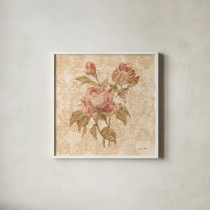 Bohemian Roses II by Cheri Blum. Shown in a crisp white glass frame for a clean and minimalist style. Available as an archival giclee rolled canvas, fine art paper, or poster print. SKU 7497a.