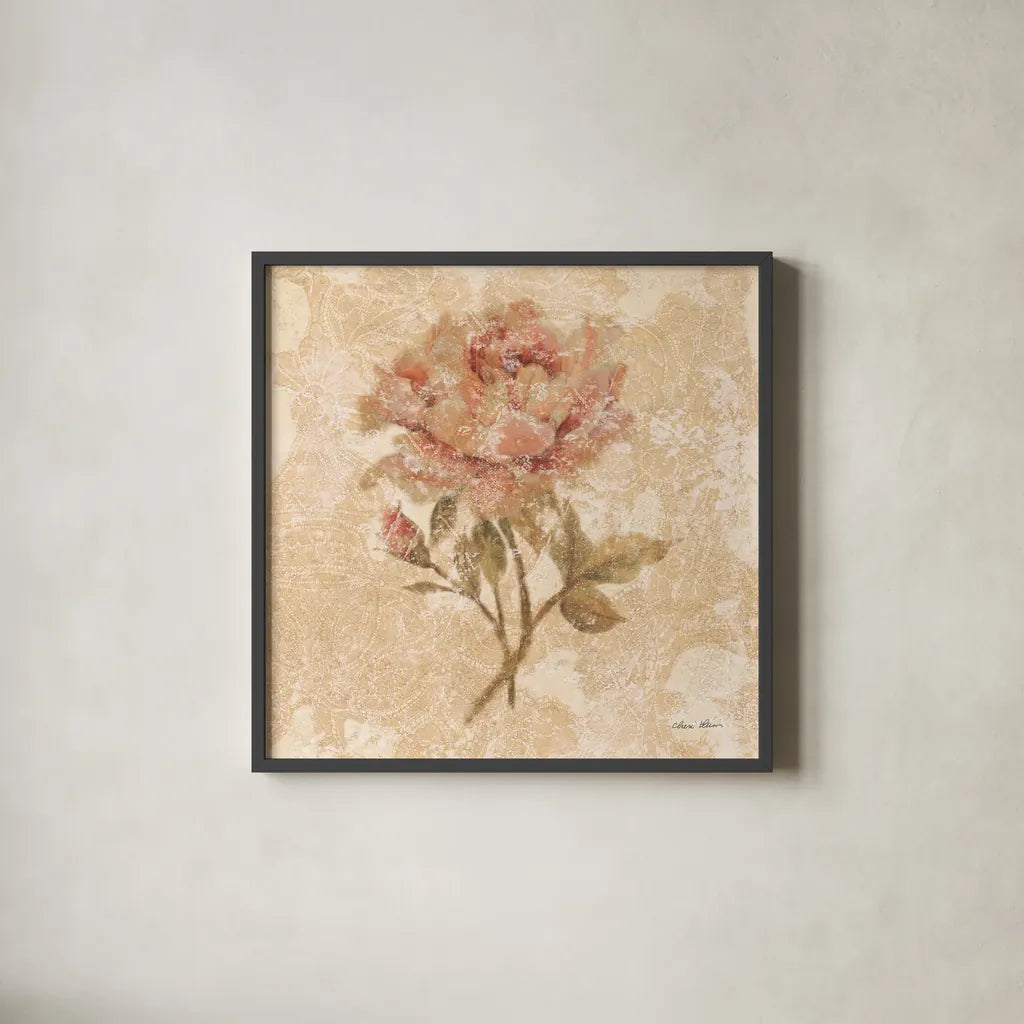 Bohemian Roses III by Cheri Blum. Shown in a sleek black glass frame for a contemporary gallery look. Available as an archival giclee rolled canvas, fine art paper, or poster print. SKU 7498a.
