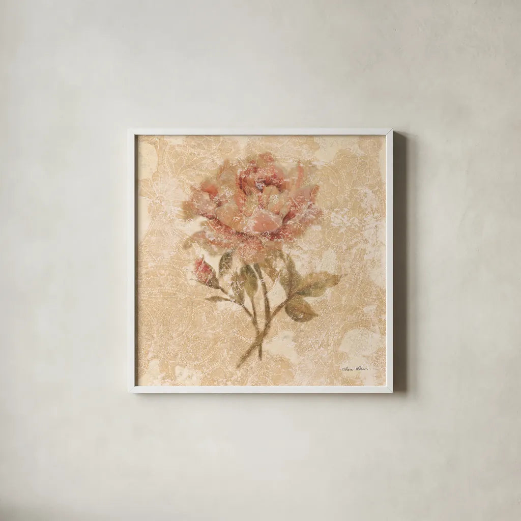 Bohemian Roses III by Cheri Blum. Shown in a crisp white glass frame for a clean and minimalist style. Available as an archival giclee rolled canvas, fine art paper, or poster print. SKU 7498a.