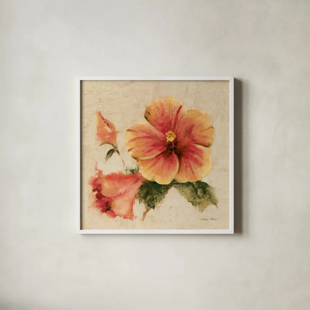 Bright Tropics I by Cheri Blum. Shown in a crisp white glass frame for a clean and minimalist style. Available as an archival giclee rolled canvas, fine art paper, or poster print. SKU 26928a.