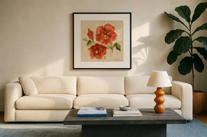 Bright Tropics III by Cheri Blum. Displayed in a glass frame with matte in a clean modern living room. Available as an archival giclee rolled canvas, fine art paper, or poster print. SKU 26930a.