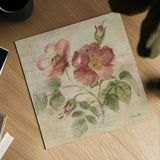 Burgundy Rose on Antique Linen Light by Cheri Blum. Shown as a detailed flat fine art print, highlighting archival giclee quality. Available as an archival giclee rolled canvas, fine art paper, or poster print. SKU 90527a.