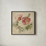 Burgundy Rose on Antique Linen Light by Cheri Blum. Shown in a sleek black glass frame for a contemporary gallery look. Available as an archival giclee rolled canvas, fine art paper, or poster print. SKU 90527a.