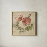 Burgundy Rose on Antique Linen Light by Cheri Blum. Shown in a natural wood glass frame for a timeless modern aesthetic. Available as an archival giclee rolled canvas, fine art paper, or poster print. SKU 90527a.