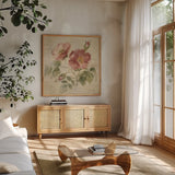 Burgundy Rose on Antique Linen Light by Cheri Blum. Shown in a natural wood frame in a cozy modern living room. Available as an archival giclee rolled canvas, fine art paper, or poster print. SKU 90527a.