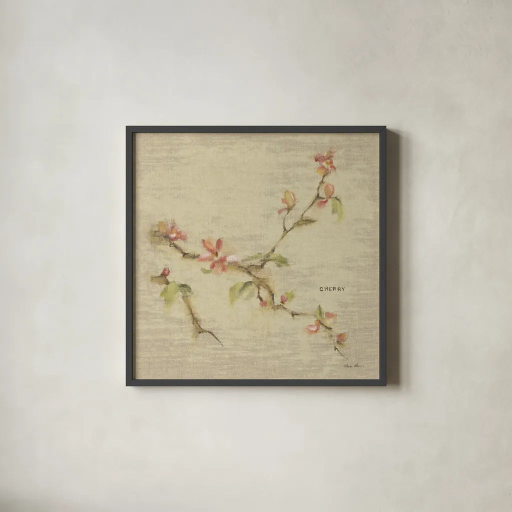 Cherry Blossom by Cheri Blum. Shown in a sleek black glass frame for a contemporary gallery look. Available as an archival giclee rolled canvas, fine art paper, or poster print. SKU 7019a.