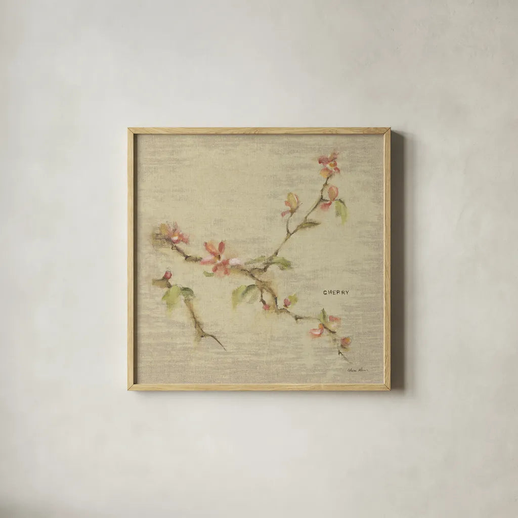 Cherry Blossom by Cheri Blum. Shown in a natural wood glass frame for a timeless modern aesthetic. Available as an archival giclee rolled canvas, fine art paper, or poster print. SKU 7019a.