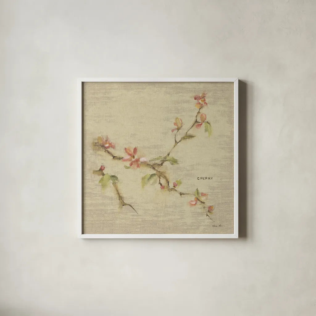 Cherry Blossom by Cheri Blum. Shown in a crisp white glass frame for a clean and minimalist style. Available as an archival giclee rolled canvas, fine art paper, or poster print. SKU 7019a.