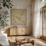 Cherry Blossom by Cheri Blum. Shown in a natural wood frame in a cozy modern living room. Available as an archival giclee rolled canvas, fine art paper, or poster print. SKU 7019a.