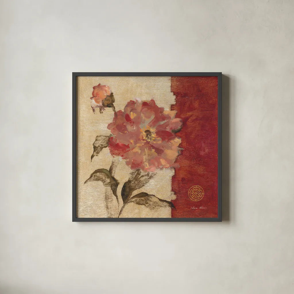 Chinoiserie I by Cheri Blum. Shown in a sleek black glass frame for a contemporary gallery look. Available as an archival giclee rolled canvas, fine art paper, or poster print. SKU 7490a.