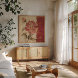 Chinoiserie I by Cheri Blum. Shown in a natural wood frame in a cozy modern living room. Available as an archival giclee rolled canvas, fine art paper, or poster print. SKU 7490a.