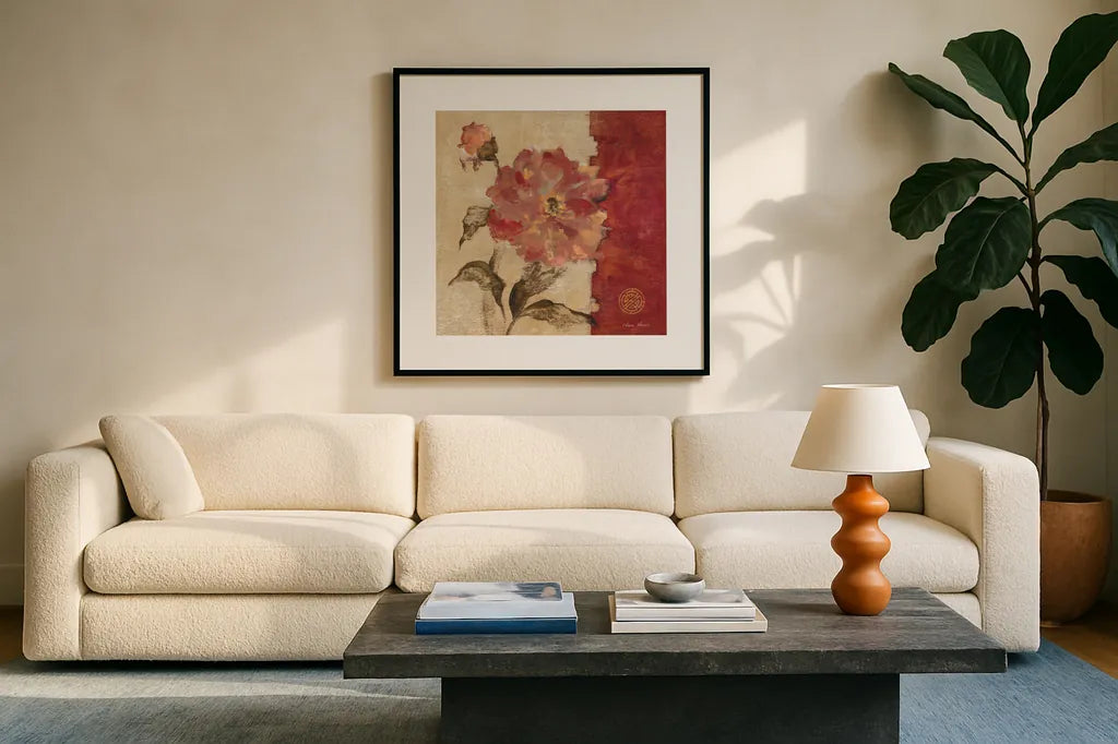 Chinoiserie I by Cheri Blum. Displayed in a glass frame with matte in a clean modern living room. Available as an archival giclee rolled canvas, fine art paper, or poster print. SKU 7490a.