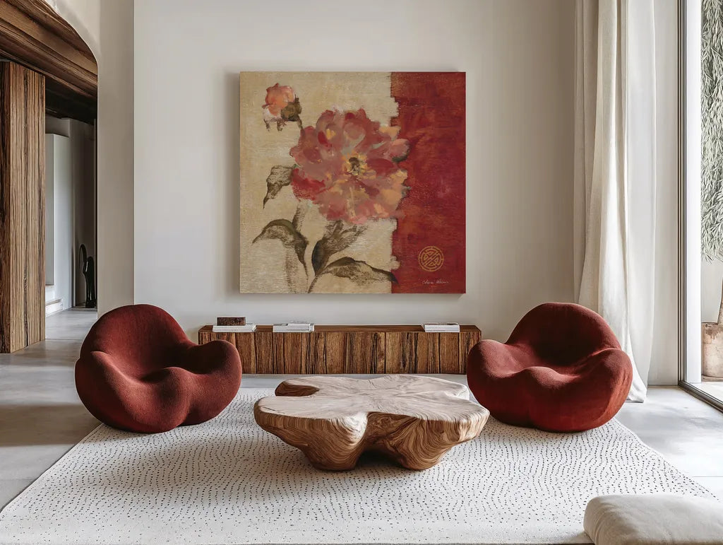 Chinoiserie I by Cheri Blum. Shown as extra-large giant wall art in a modern living room. Available as an archival giclee rolled canvas, fine art paper, or poster print. SKU 7490a.