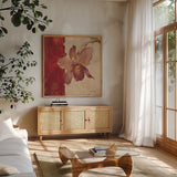 Chinoiserie II by Cheri Blum. Shown in a natural wood frame in a cozy modern living room. Available as an archival giclee rolled canvas, fine art paper, or poster print. SKU 7491a.