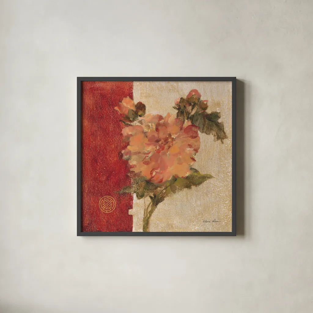 Chinoiserie III by Cheri Blum. Shown in a sleek black glass frame for a contemporary gallery look. Available as an archival giclee rolled canvas, fine art paper, or poster print. SKU 7492a.