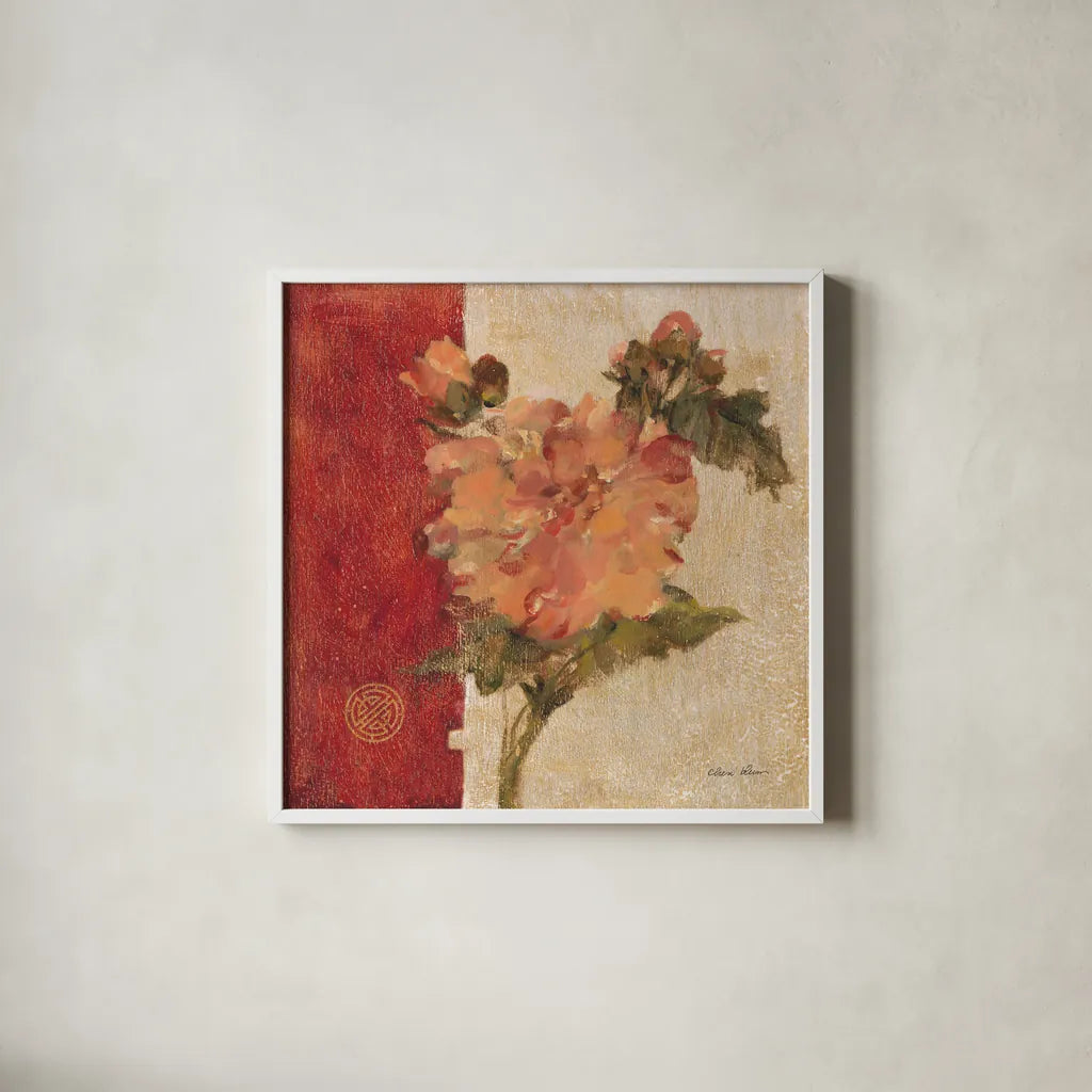 Chinoiserie III by Cheri Blum. Shown in a crisp white glass frame for a clean and minimalist style. Available as an archival giclee rolled canvas, fine art paper, or poster print. SKU 7492a.