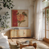 Chinoiserie III by Cheri Blum. Shown in a natural wood frame in a cozy modern living room. Available as an archival giclee rolled canvas, fine art paper, or poster print. SKU 7492a.