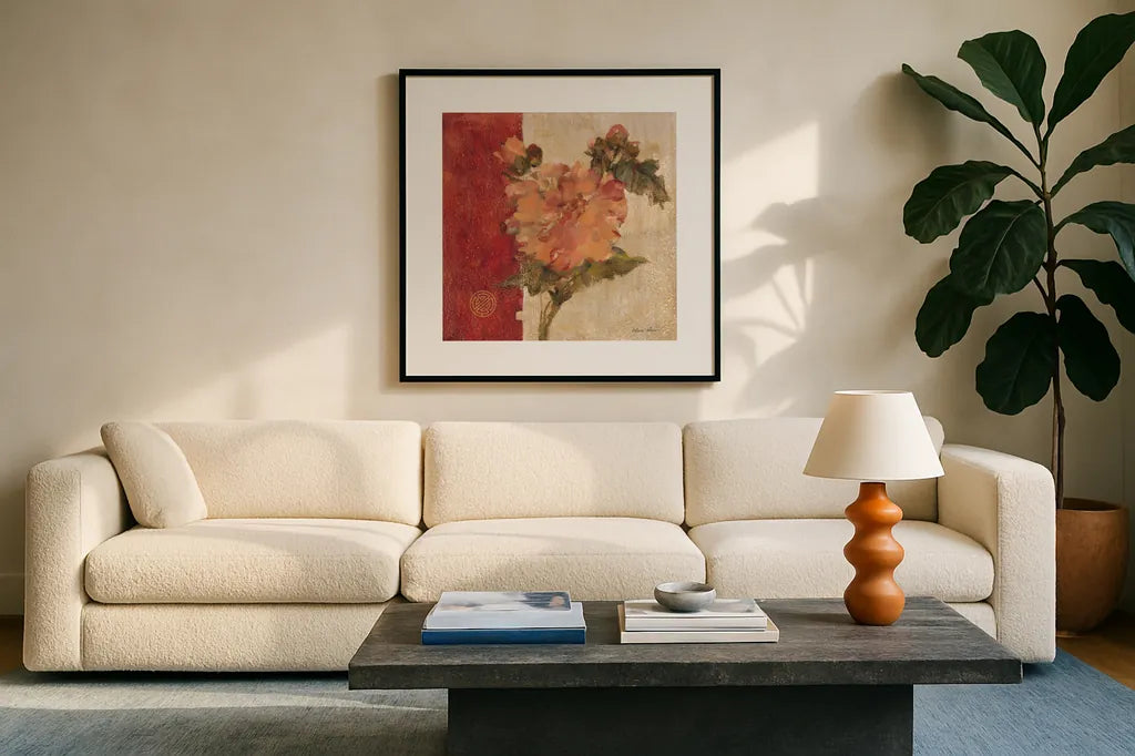 Chinoiserie III by Cheri Blum. Displayed in a glass frame with matte in a clean modern living room. Available as an archival giclee rolled canvas, fine art paper, or poster print. SKU 7492a.