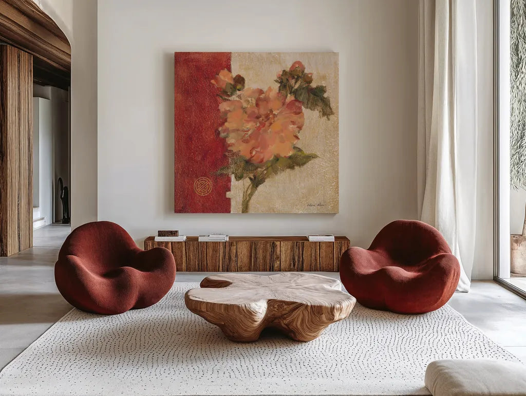 Chinoiserie III by Cheri Blum. Shown as extra-large giant wall art in a modern living room. Available as an archival giclee rolled canvas, fine art paper, or poster print. SKU 7492a.