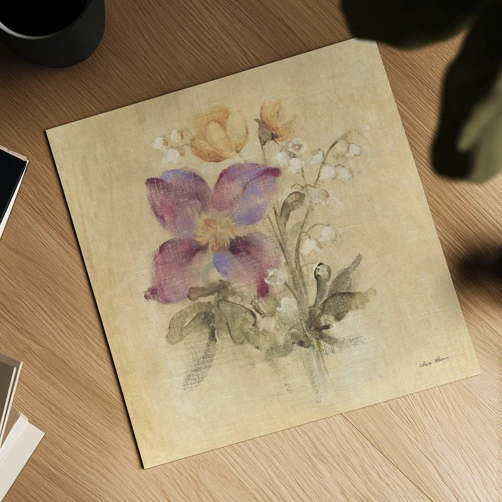 Clematis Nosegay by Cheri Blum. Shown as a detailed flat fine art print, highlighting archival giclee quality. Available as an archival giclee rolled canvas, fine art paper, or poster print. SKU 88376a.