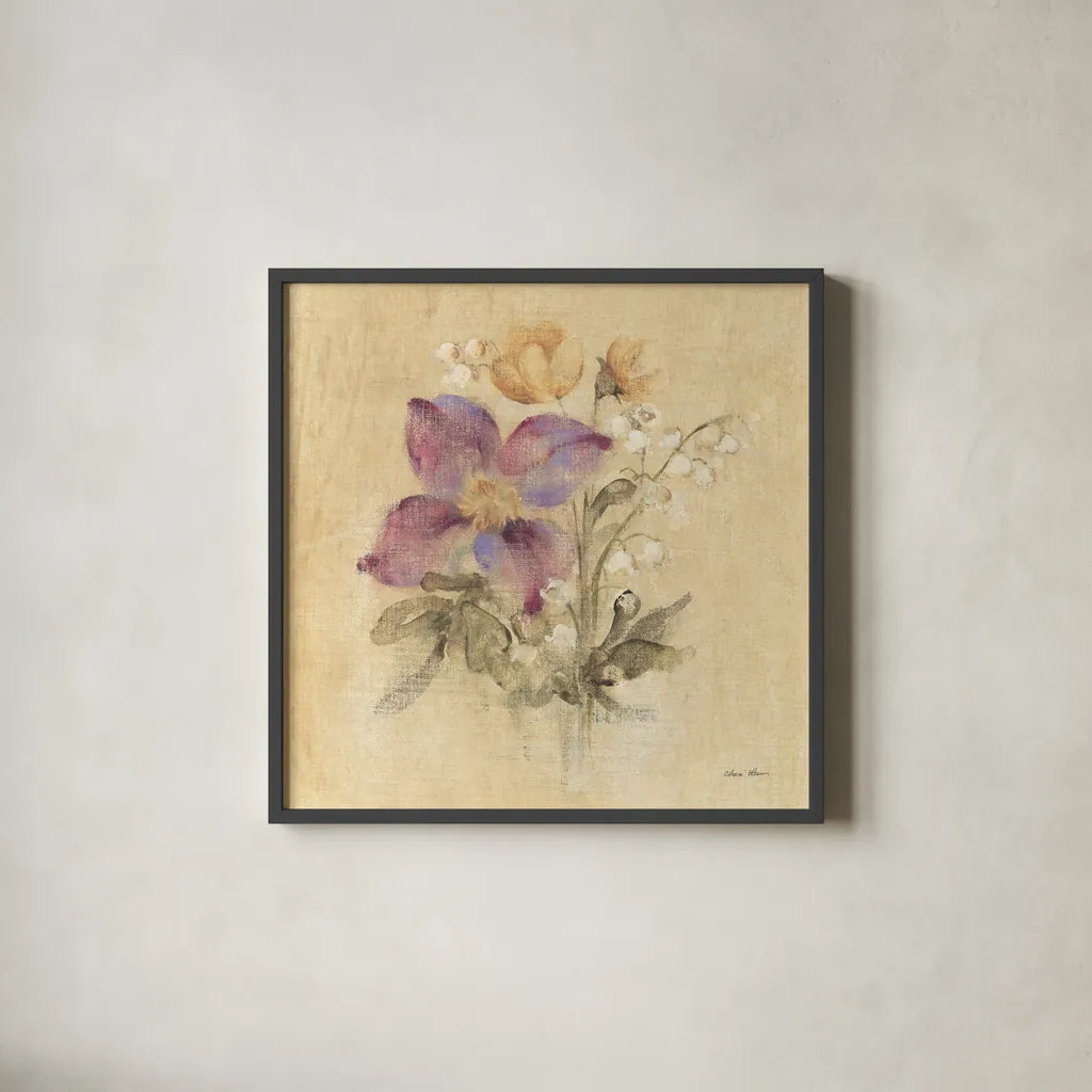 Clematis Nosegay by Cheri Blum. Shown in a sleek black glass frame for a contemporary gallery look. Available as an archival giclee rolled canvas, fine art paper, or poster print. SKU 88376a.