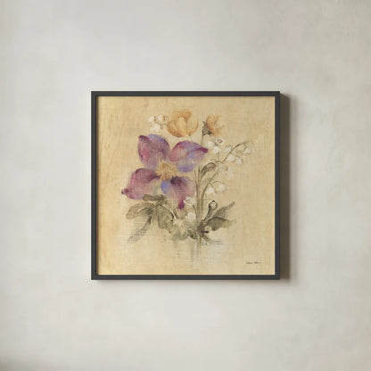 Clematis Nosegay by Cheri Blum. Shown in a sleek black glass frame for a contemporary gallery look. Available as an archival giclee rolled canvas, fine art paper, or poster print. SKU 88376a.
