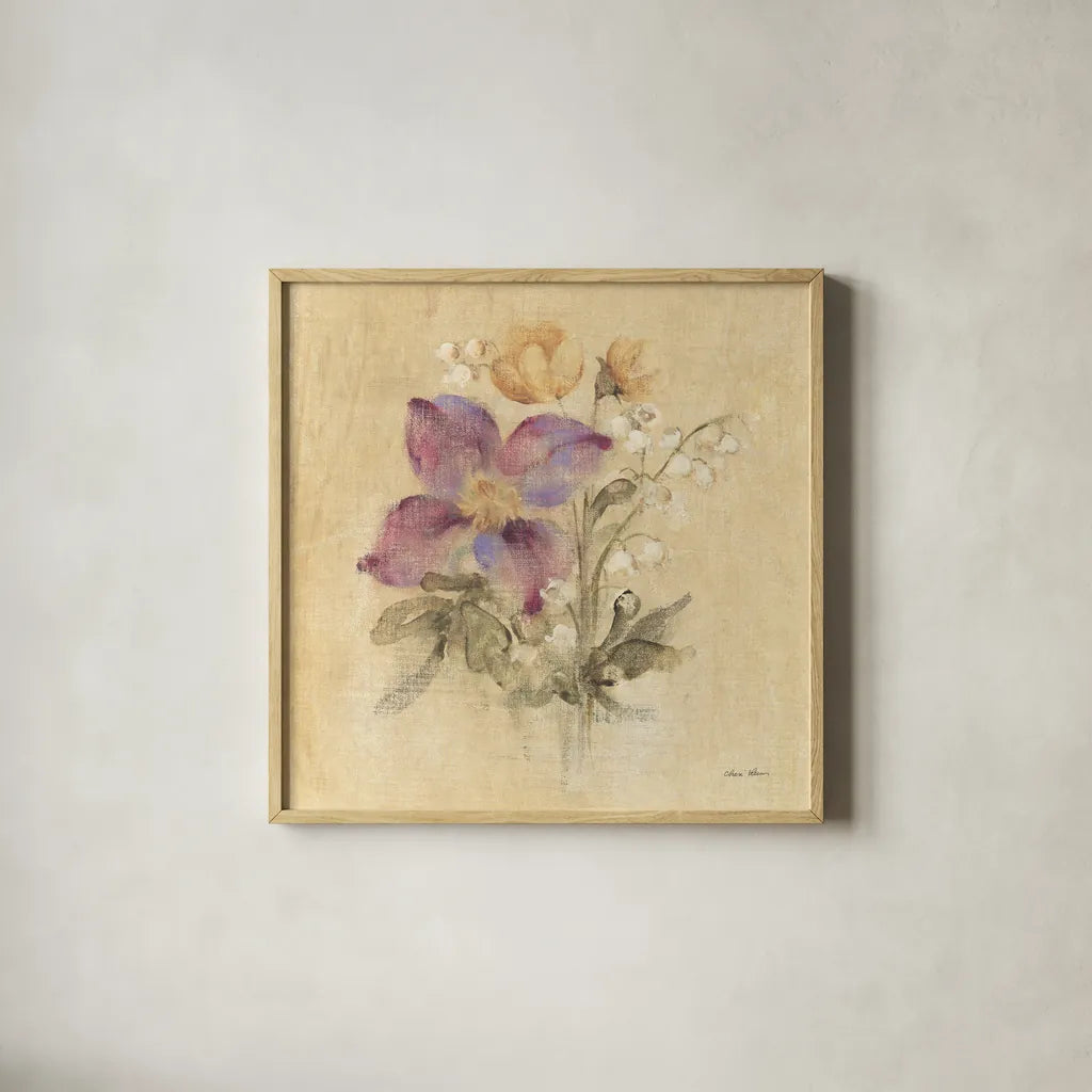 Clematis Nosegay by Cheri Blum. Shown in a natural wood glass frame for a timeless modern aesthetic. Available as an archival giclee rolled canvas, fine art paper, or poster print. SKU 88376a.