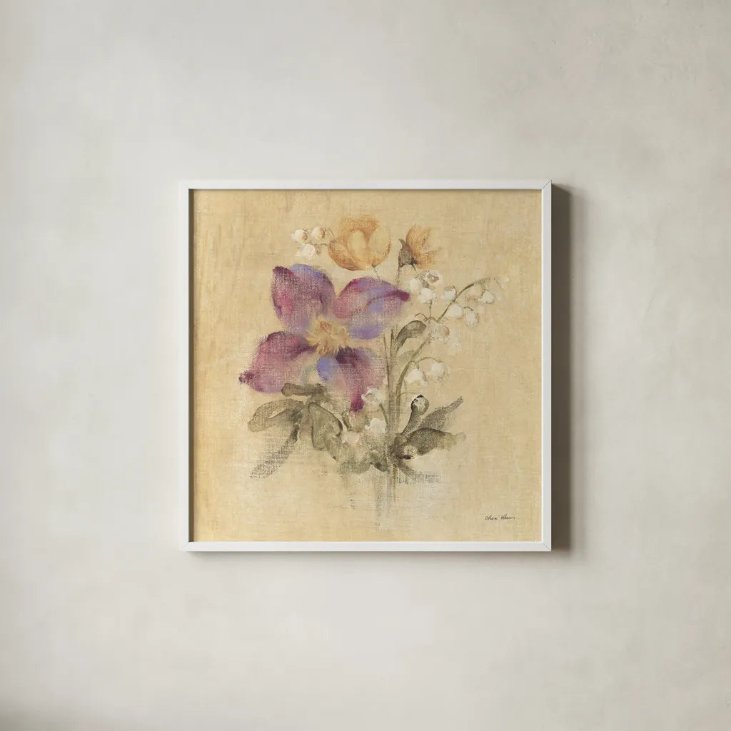 Clematis Nosegay by Cheri Blum. Shown in a crisp white glass frame for a clean and minimalist style. Available as an archival giclee rolled canvas, fine art paper, or poster print. SKU 88376a.