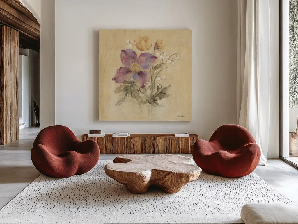 Clematis Nosegay by Cheri Blum. Shown as extra-large giant wall art in a modern living room. Available as an archival giclee rolled canvas, fine art paper, or poster print. SKU 88376a.