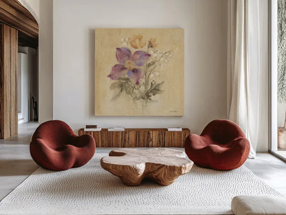 Clematis Nosegay by Cheri Blum. Shown as extra-large giant wall art in a modern living room. Available as an archival giclee rolled canvas, fine art paper, or poster print. SKU 88376a.