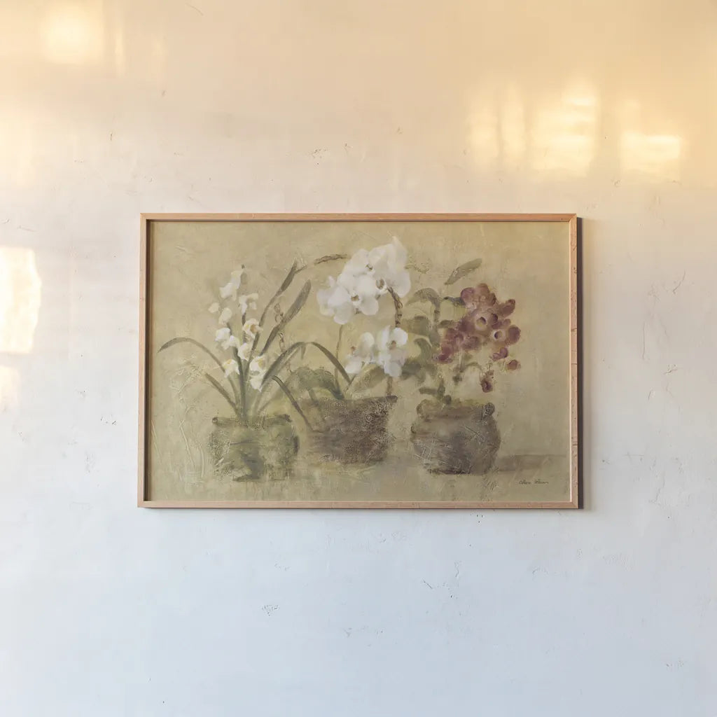 Collection of Orchids by Cheri Blum. shown as a paper print in a natural frame. Available as a archival giclee rolled canvas, fine art paper, or poster print. SKU 7226i.