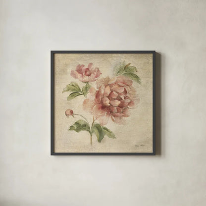 Coral Rose on Antique Linen Light by Cheri Blum. Shown in a sleek black glass frame for a contemporary gallery look. Available as an archival giclee rolled canvas, fine art paper, or poster print. SKU 90525a.