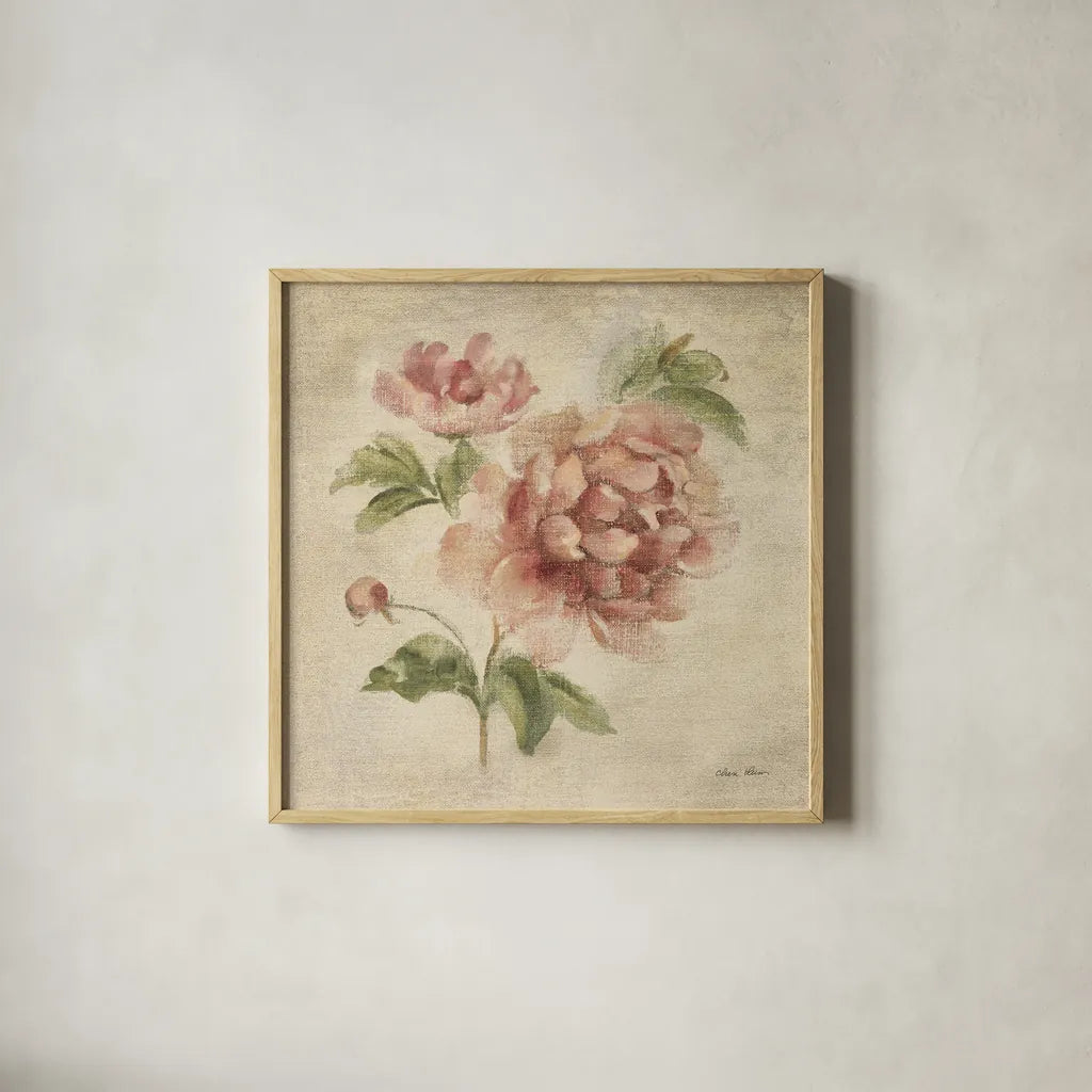Coral Rose on Antique Linen Light by Cheri Blum. Shown in a natural wood glass frame for a timeless modern aesthetic. Available as an archival giclee rolled canvas, fine art paper, or poster print. SKU 90525a.