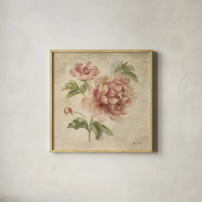 Coral Rose on Antique Linen Light by Cheri Blum. Shown in a natural wood glass frame for a timeless modern aesthetic. Available as an archival giclee rolled canvas, fine art paper, or poster print. SKU 90525a.