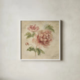Coral Rose on Antique Linen Light by Cheri Blum. Shown in a crisp white glass frame for a clean and minimalist style. Available as an archival giclee rolled canvas, fine art paper, or poster print. SKU 90525a.