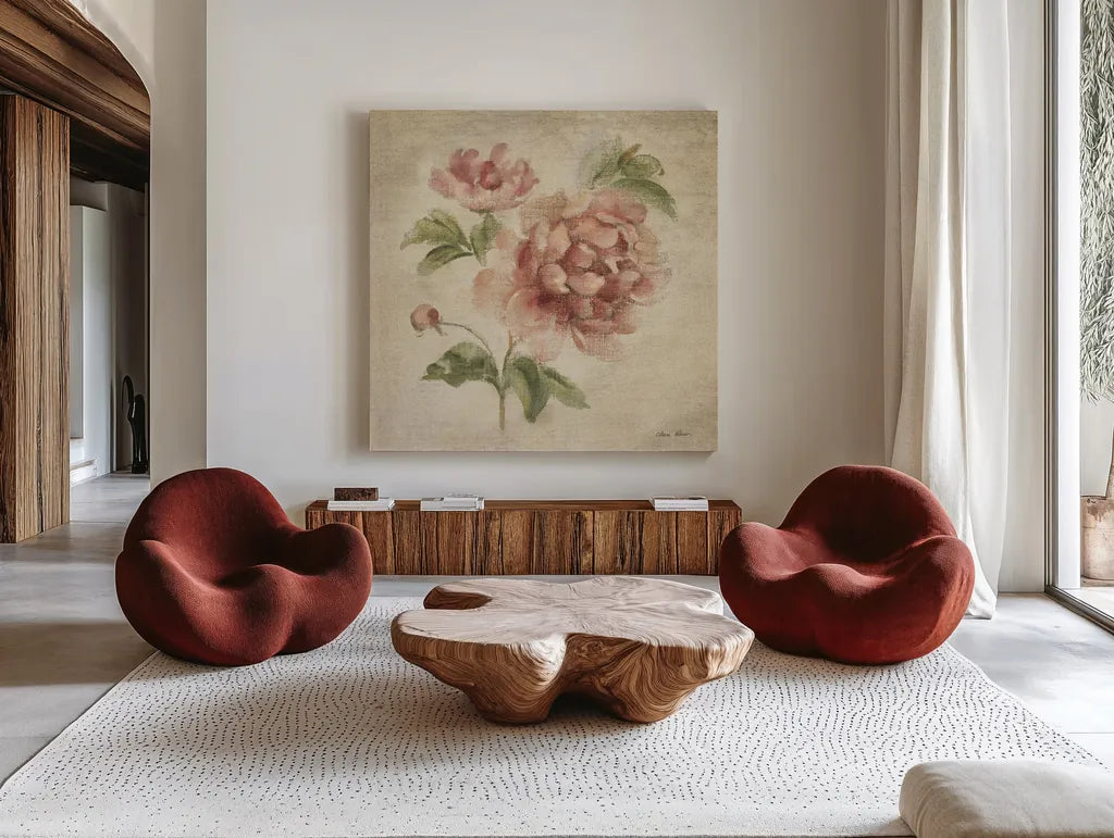 Coral Rose on Antique Linen Light by Cheri Blum. Shown as extra-large giant wall art in a modern living room. Available as an archival giclee rolled canvas, fine art paper, or poster print. SKU 90525a.
