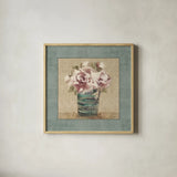Cottage Bouquet I by Cheri Blum. Shown in a natural wood glass frame for a timeless modern aesthetic. Available as an archival giclee rolled canvas, fine art paper, or poster print. SKU 8234a.